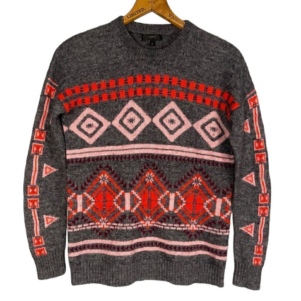 J.Crew Fair Isle Knit Sweater XS Grey Red Pink Geometric Wool Blend Nordic